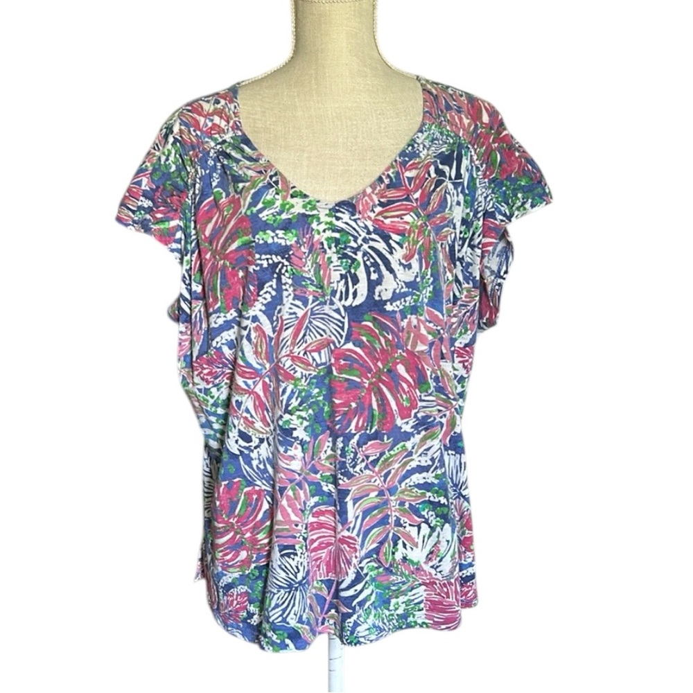 Kiwi Fresh Tropical Print Scoop Neck Top Short Sleeves & Ruching on shoulders 2X